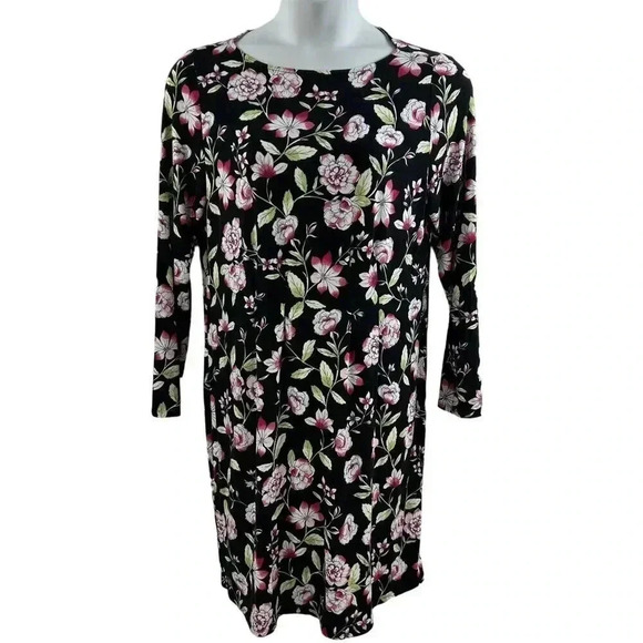 J. Jill Wearever Collection L Black Floral Print Dress 3/4 Sleeve Hiking Lagon - Picture 7 of 12